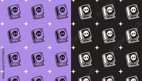 spell magic book with skull, light doodle pattern on purple black background set for Halloween merchandise. witch grimoire, cursed book, haunted tome seamless pattern background. vector illustration