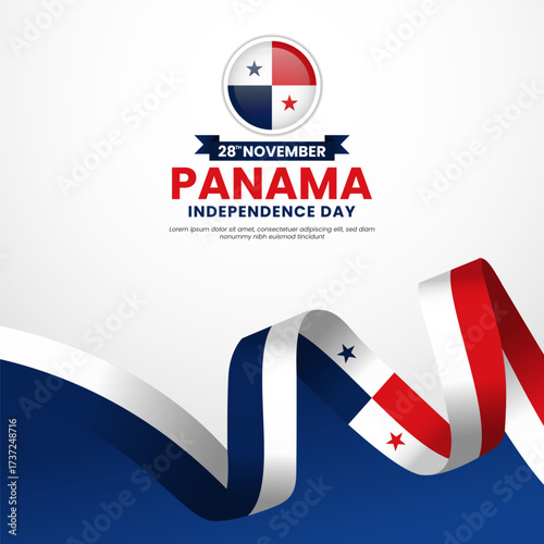 Panama independence day greeting card, square banner background with warving ribbon flag