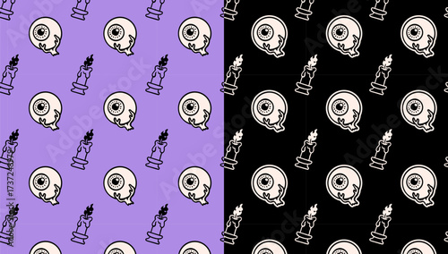 eye ball and burning candle candle doodle pattern on black purple background set for Halloween merchandise. creepy eye and candle with fire isolated seamless pattern background. vector illustration