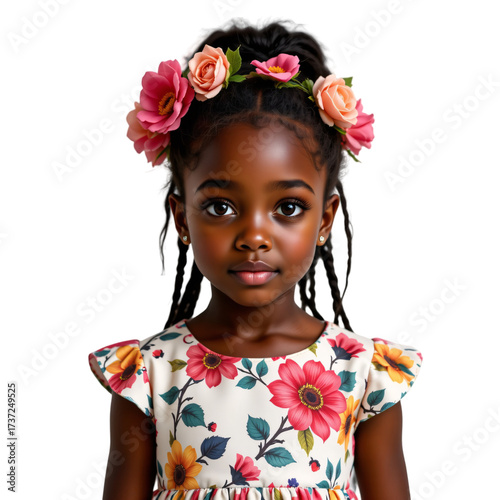 Charming young girl in floral dress outdoor setting portrait photography bright environment close-up childhood innocence