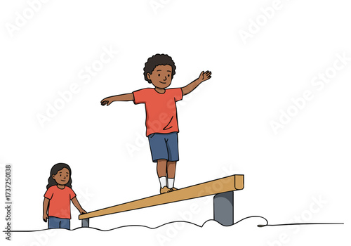 A young boy balances on a wooden beam, demonstrating balance and coordination. A girl watches encouragingly in the background. Bright, playful illustration.