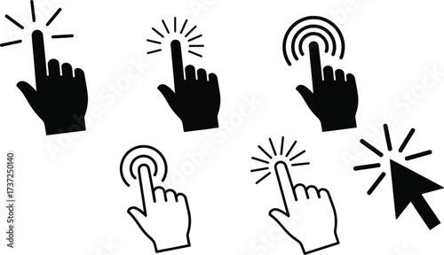 Clicks Touch Hands Pointers Collection of Black Hand Cursor Icons on Transparent Background