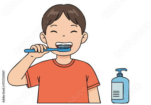 A young boy brushes his teeth with a smile, next to toothpaste. Clean, bright illustration promoting oral hygiene. Perfect for health and wellness campaigns.