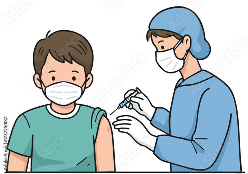 A young boy receives a vaccination from a healthcare professional wearing masks.  Illustrative, safe, and reassuring image for health awareness campaigns. Clean, modern style.