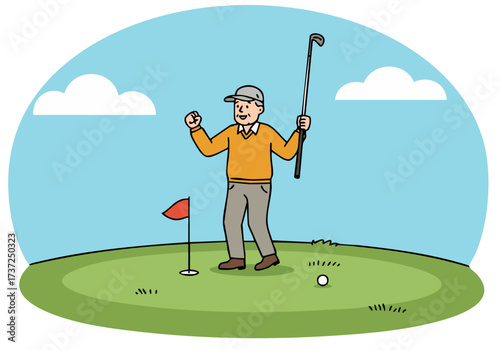 An elderly man celebrates a hole-in-one on the golf course, beaming with joy. A vibrant green landscape and a red flag create a cheerful scene. "ACE-THE E ADVENTURE"