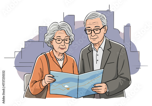 An elderly couple explores a city map, enjoying a travel adventure. Warm colors and a detailed cityscape create a charming scene.