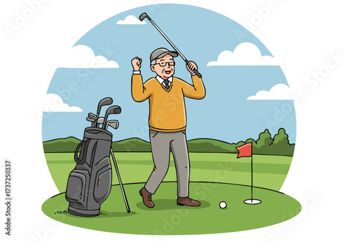 An elderly man celebrates an ace on the golf course, radiating joy and accomplishment. A vibrant, cheerful scene with a clear composition and a sense of adventure.