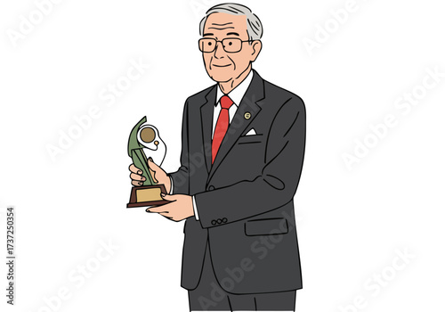 An elderly man in a suit holds a trophy, celebrating achievement. Professional portrait with a warm, award-winning feel.
