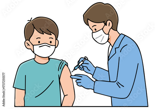 A healthcare professional administers a vaccine to a young boy wearing a mask.  Illustrative, safe, and reassuring image for health campaigns. Clean, modern style.