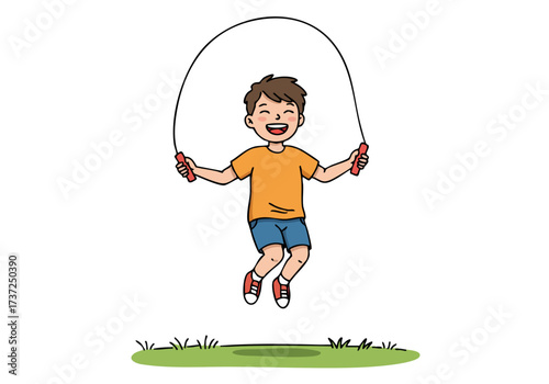 A happy boy jumps rope outdoors, radiating joy. Bright, cheerful illustration. Perfect for promoting positivity and active lifestyles.  Clear composition, vibrant colors.