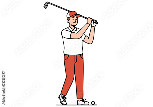 A young man enjoys a day of golf, swinging his club with a joyful expression. Bright colors and a dynamic pose create a lively, engaging image perfect for sports and leisure themes.