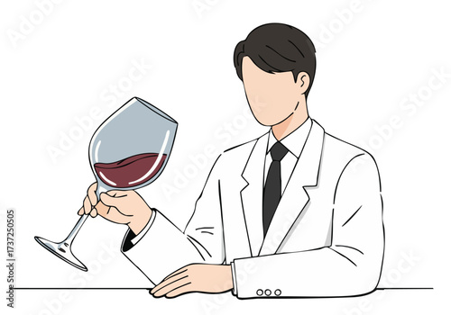 A professional man in a lab coat enjoys a glass of red wine, showcasing sophistication and taste. Clean, minimalist style.