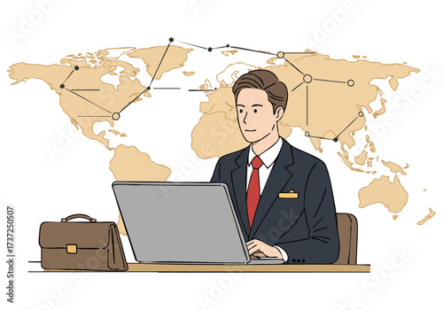 A professional man works on a laptop, connected globally via a world map. He exudes success and sophistication. Modern, clean design.