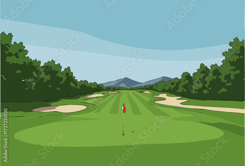 A serene golf course scene with a green fairway, flag, and distant mountains. ?Chase the Course? text adds a touch of adventure. Clean, modern illustration style.
