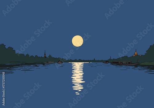 serene nighttime scene featuring a full moon reflecting on a river lined with traditional Thai boats and temples A calm stylized illustration evokes tranquility and a sense of place
