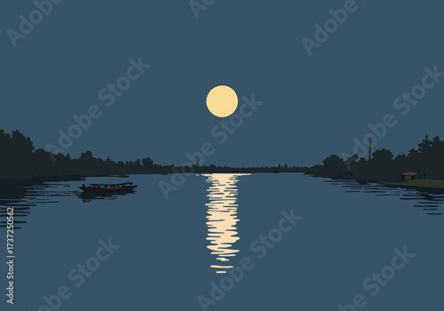 A serene moonlit river scene with boats reflecting in the water. A stylized illustration evokes a magical atmosphere. Perfect for calming visuals and peaceful themes.
