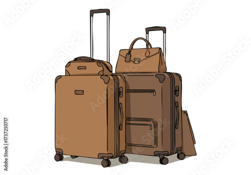 Stylish luggage set ? a large brown suitcase and handbag ? arranged for travel. Clean, modern illustration with a sophisticated aesthetic. ?Pack the Prestige? tagline.