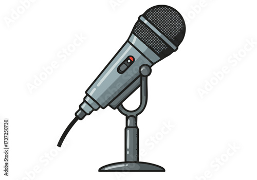 A stylized illustration of a microphone on a stand. Modern, graphic design, perfect for audio, music, or broadcasting themes. Clean and professional.