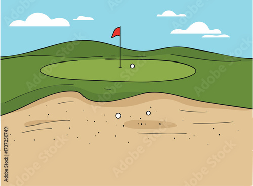 A stylized golf course illustration. A green fairway leads to a bright green hole with a white ball. The scene evokes escape and leisure. Clean, modern design.