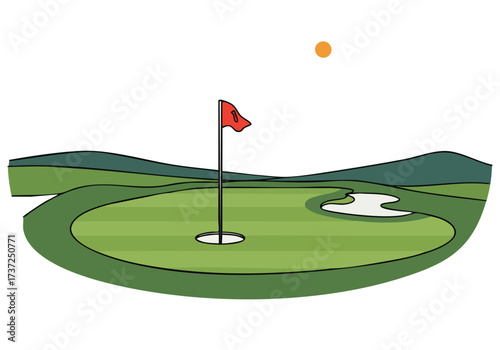 stylized illustration depicts a golf course sign with a flag and green landscape Clean lines and a soft color palette create a visually appealing and commercially viable design