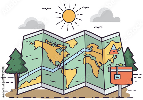 A vintage map unfolds, showcasing a journey. Sun, clouds, trees, and a mailbox create a charming travel scene. Ideal for travel, adventure, and exploration themes.