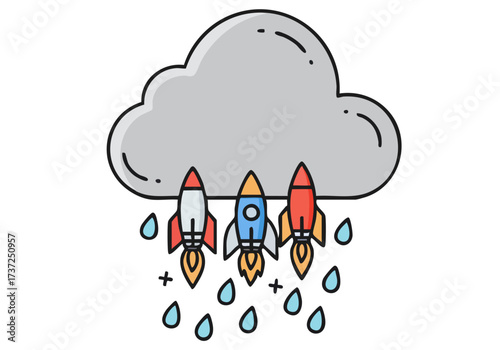 whimsical illustration features a cloud with rain rockets launching upwards -Rain Rocket Prayer- - a modern pastel design with a hopeful uplifting feel Perfect for backgrounds and social media