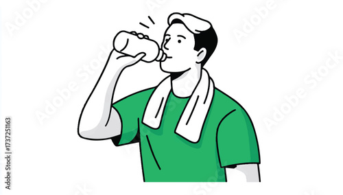 Athletic Man Drinking Water After Workout in Green Shirt with Towel Isolated on White Background