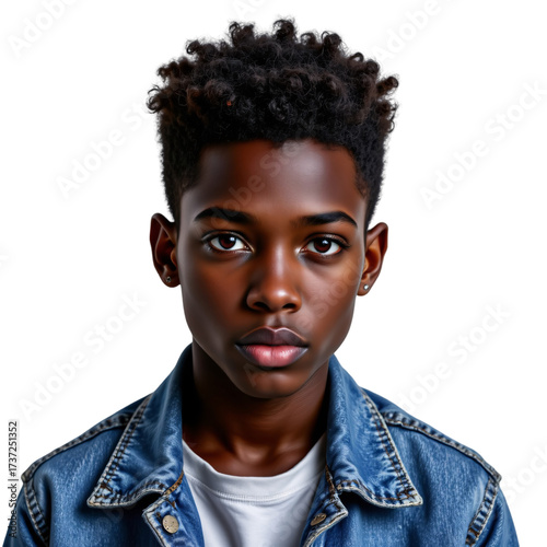 Portrait of young boy in denim jacket urban setting photography close-up natural lighting youthful expression