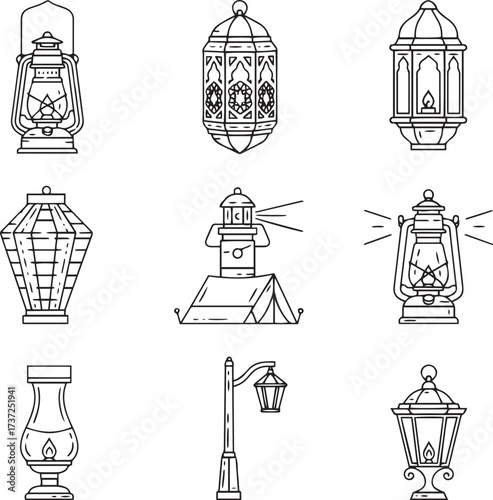 A set of nine outline icons depicting various styles of lanterns and outdoor lighting, including traditional oil lamps, Arabic or Moroccan style decorative lanterns, a street lamp, a lighthouse on a b