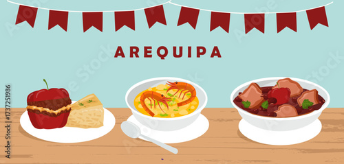 Comida Arequipeña en Perú como rocoto relleno, chupe de camarones y adobo arequipeña