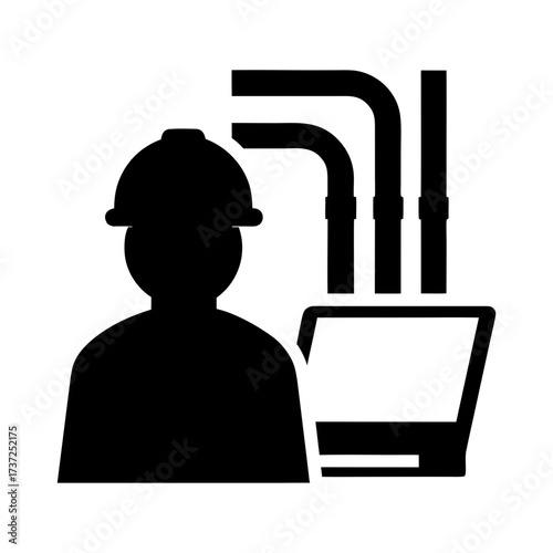 Construction worker with pipes and blueprint silhouette