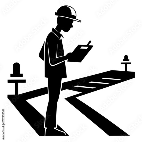 Construction worker inspecting plans on site silhouette