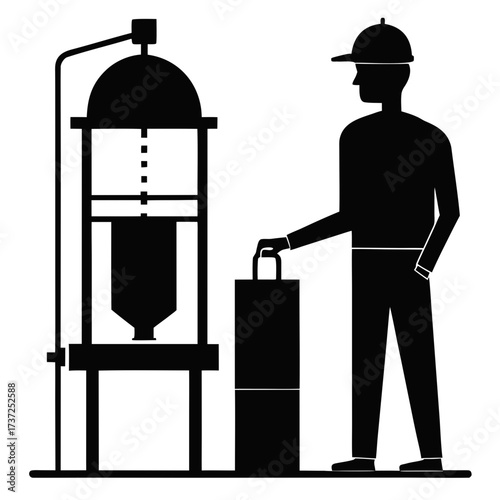 Worker operating industrial pressing machine silhouette
