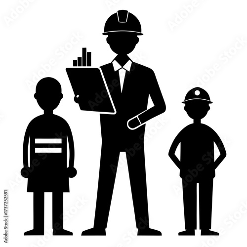 Construction team with supervisor and workers silhouette