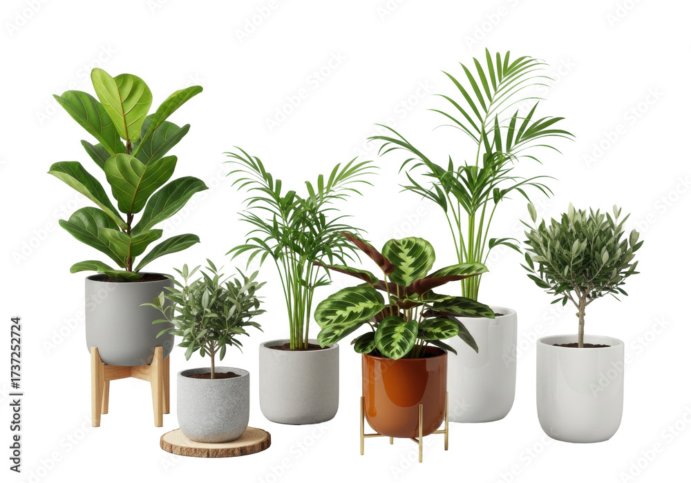 Obraz premium A curated collection of five elegant potted indoor plants: Ficus lyrata, two palms, Calathea, and a miniature olive tree, isolated on a light grey background. Concept of natural beauty and curated