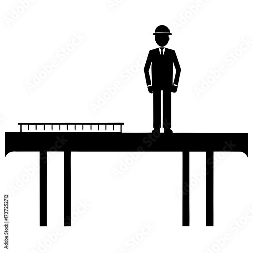 Man in suit standing on bridge with railing silhouette