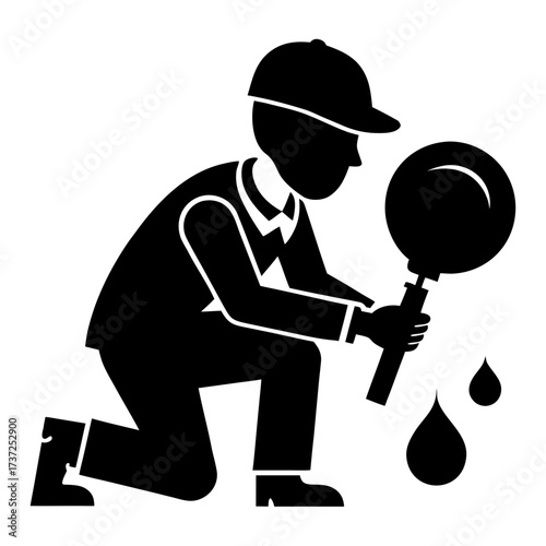 Detective kneeling with magnifying glass examining clues silhouette