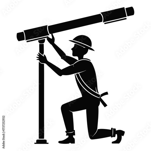 Man in hat looking through telescope silhouette