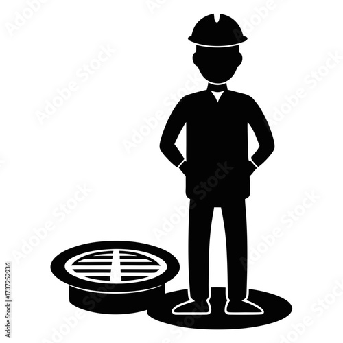 Construction worker standing next to open manhole silhouette