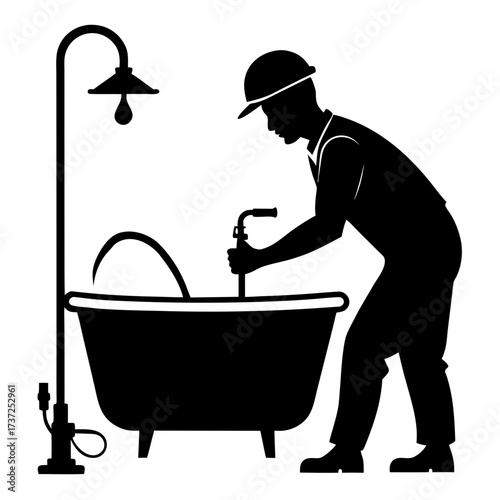 Plumber working on a bathtub silhouette