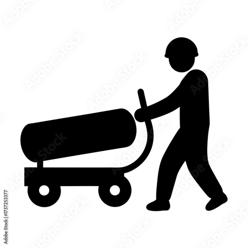 Construction worker pushing heavy cylinder on cart silhouette
