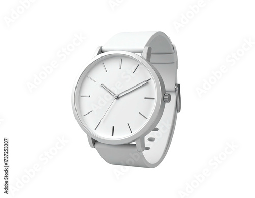 Isolated image of a minimalist wristwatch, with a white face and gray strap