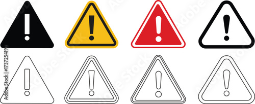 Warning triangle icon set. Warning sign with exclamation mark.Road sign alert.Caution danger sign.Warning sign with an exclamation point in a triangle.Do not enter sign business concept.