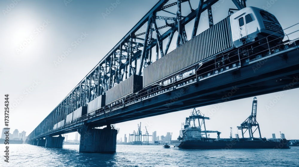 Obraz premium Freight train crossing industrial bridge over water with shipping containers, cranes in background during sunset in urban setting