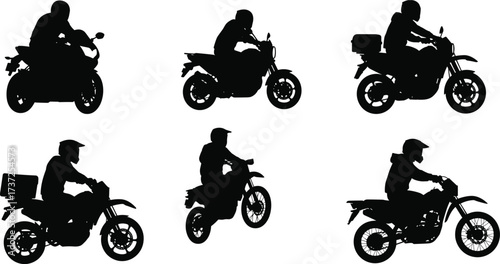 Motorcycle rider silhouettes set of six, sport bike, dirt bike, delivery scooter, motorbike poses, helmet safety, transportation vector illustration