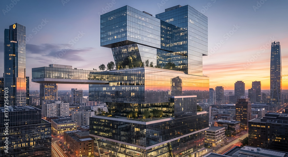 Fototapeta premium Modern Urban Office Tower with Glass Facade and Corporate Innovation