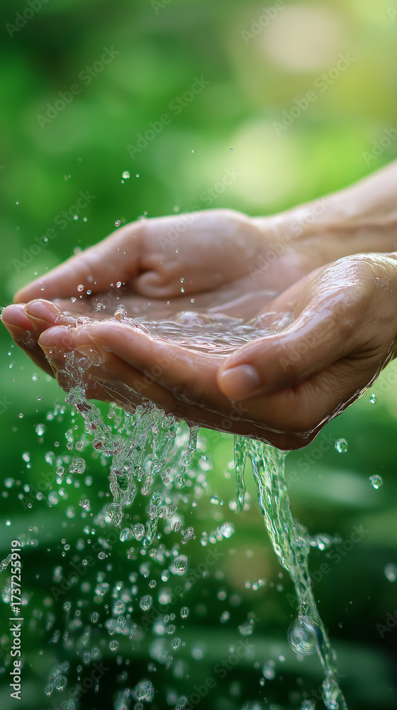 Fototapeta premium Hands catching and holding fresh water splashing outdoors. 