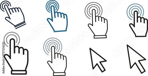Collection of Hand Cursors Pressing or Clicking Icons on Transparent Background