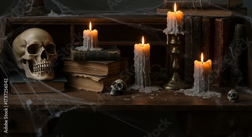 Gothic Halloween still life: glowing candles, human skull, old books, and cobwebs on a vintage desk, eerie atmosphere