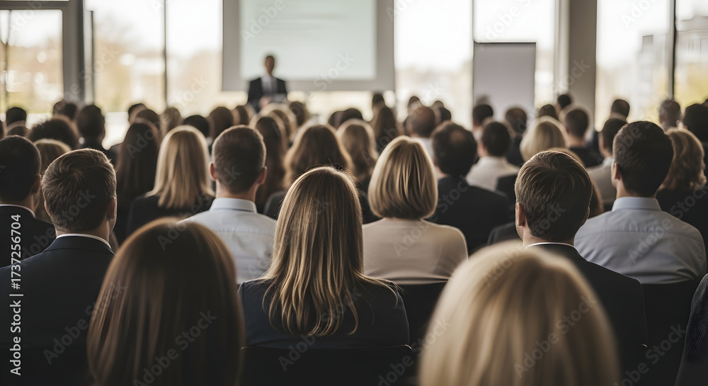 Obraz premium Business Conference Attendees Networking and Learning New Strategies From Keynote Speaker in Seminar Audience at Corporate Event Training Workshop Gathering Session